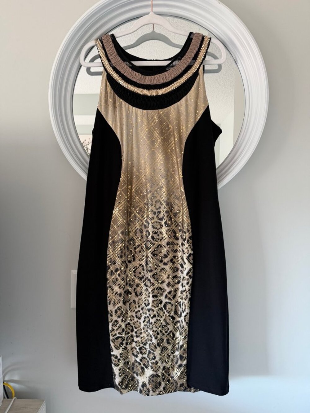 Frank Lyman Black Gold Leopard Print Embellished Neckline Sheath Dress Size 16
